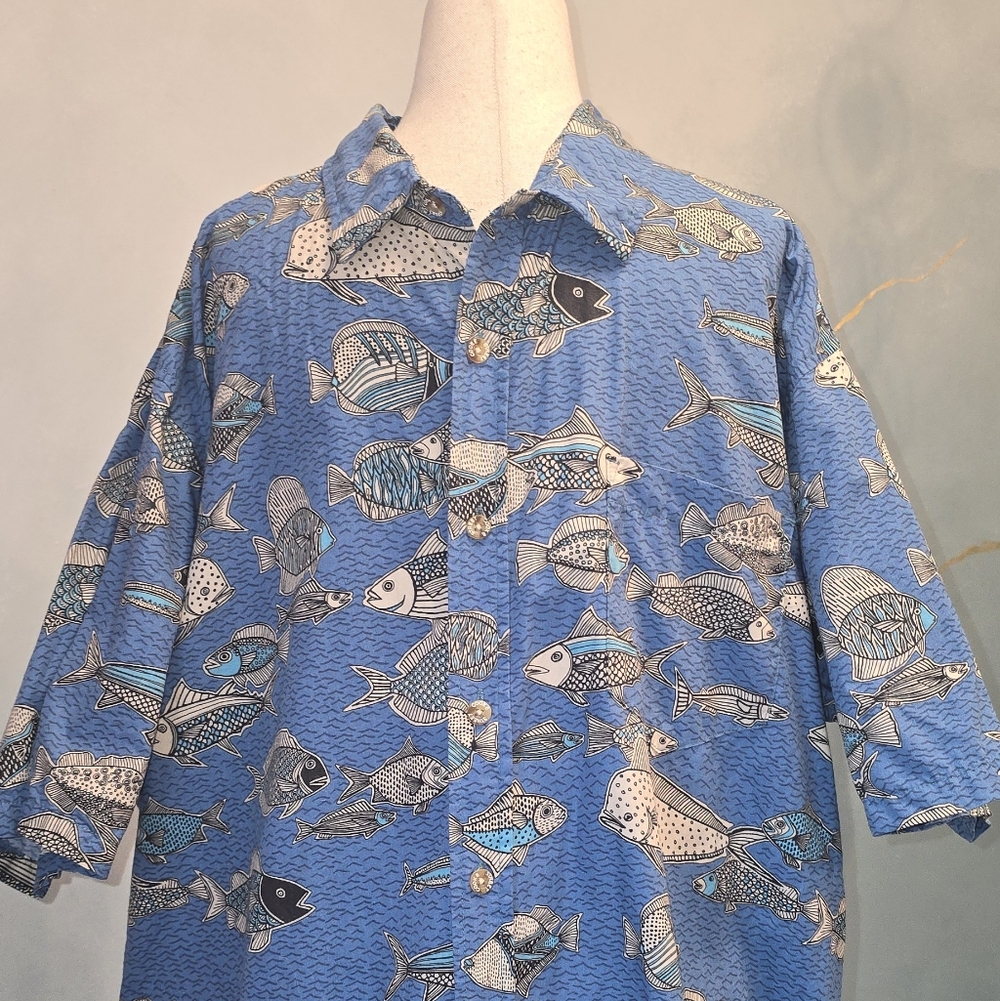 Cooke Street Honolulu Blue Fish Men’s Short-Sleeve Hawaiian Aloha Shirt XL